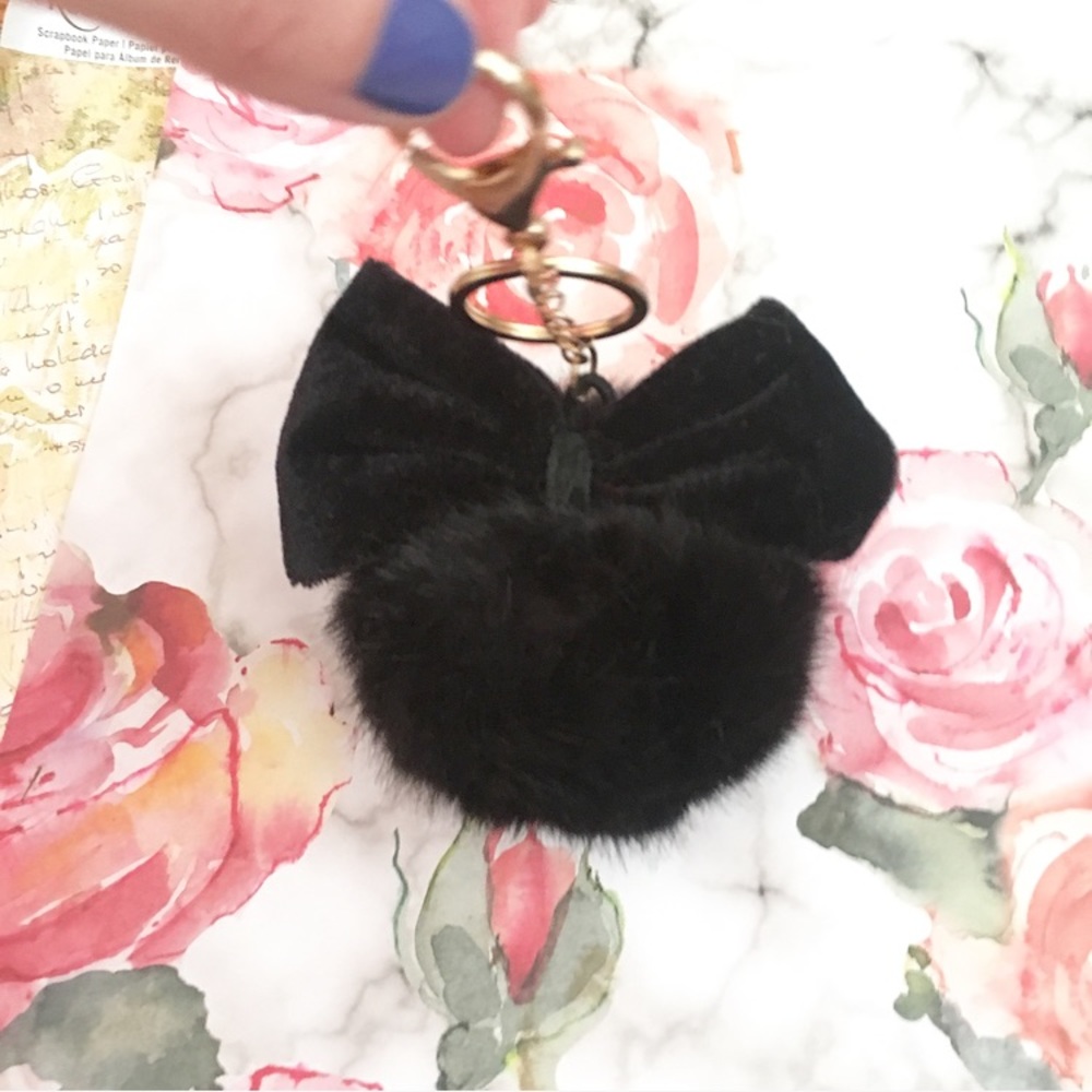 Black Furry Pom Pom w Bow Keychain